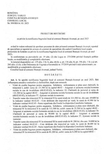 Proiect de hotarare aprobarea rectificare buget local