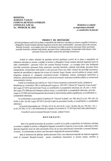 Proiect de hotarare privind aprobarea scutirii de la plata a majorarilor