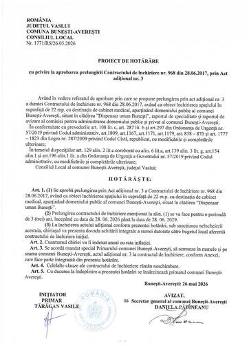 Proiect de hotarare cu privire la prelungirea contractului de inchiriere nr 968 din 28 06 2017