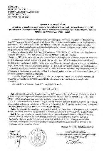 Proiect de hotarare privind aprobarea protocol