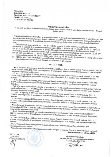 Proiect de hotarare cu privire la aprobarea dezmembrariiin loturi distince a unor imobile in extravilanul Bunesti Averesti