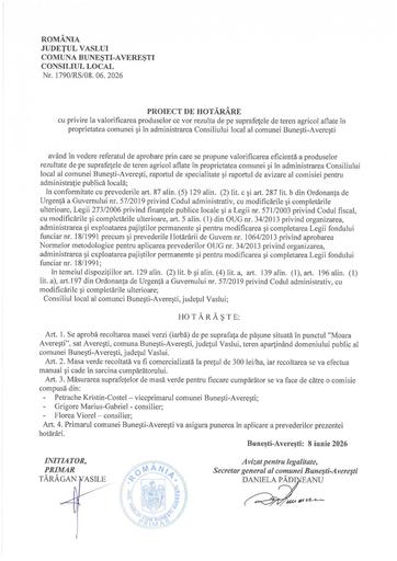 Proiect de hotarare valorificare teren