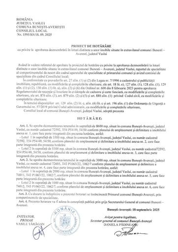 Proiect de hotarare privind aprobare dezmembrare loturi