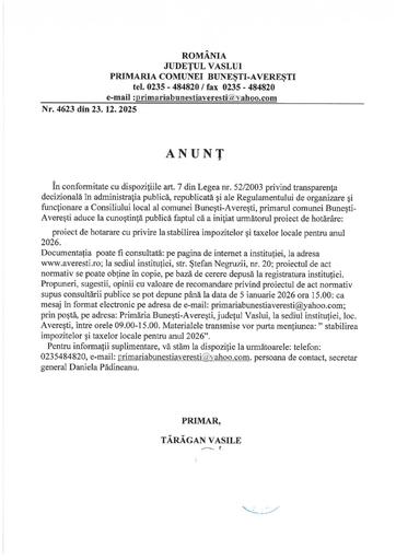 Anunt public propuneri si sugestii taxe locale 2026