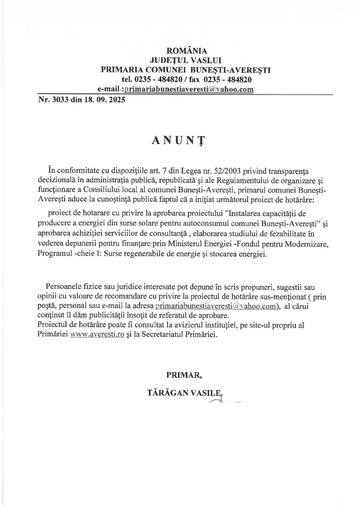Anunt public propuneri si sugestii sau opinii Instalarea capacitatii de producere a energiei din surse solare