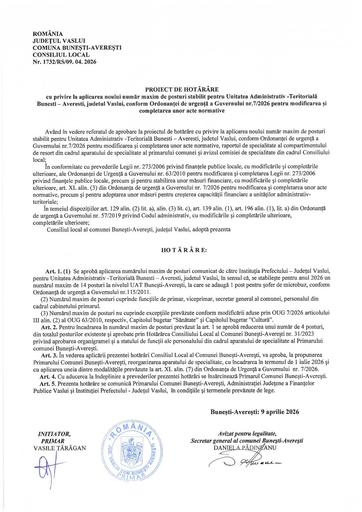 Proiect de hotarare numar maxim de posturi