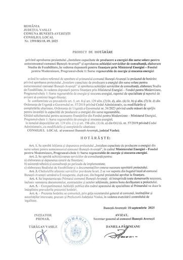 Proiect de hotarare privind aprobare instalare capacitate producere energie din surse solare
