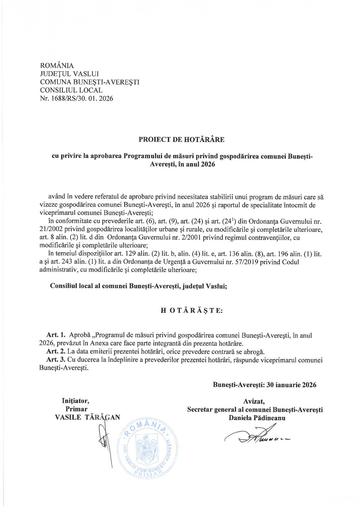 Proiect de hotarare cu privire la aprobarea la aprobarea programului de masuri privind gospodarirea comunei Bunesti Averesti