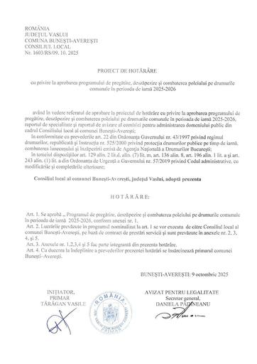 Proiect de hotarare privind aprobare program de iarna