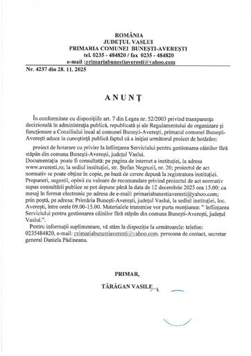 Anunt public infiintare serviciul pentru gestionarea cainilor fara stapan