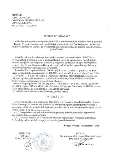 Proiect de hotarare privind aprobare CA scoala