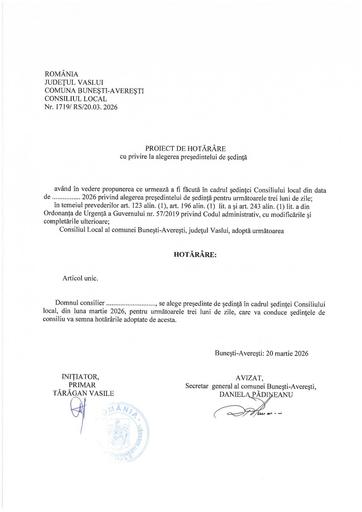 Proiect de hotarare alegerea presedintelui de sedinta